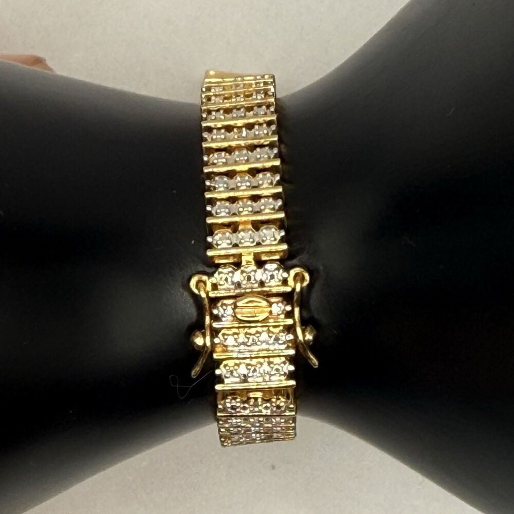 Vintage PAJ 18KGP 925 Gold Over Sterling 3 Row Pave Tennis Bracelet Chip 7.25"